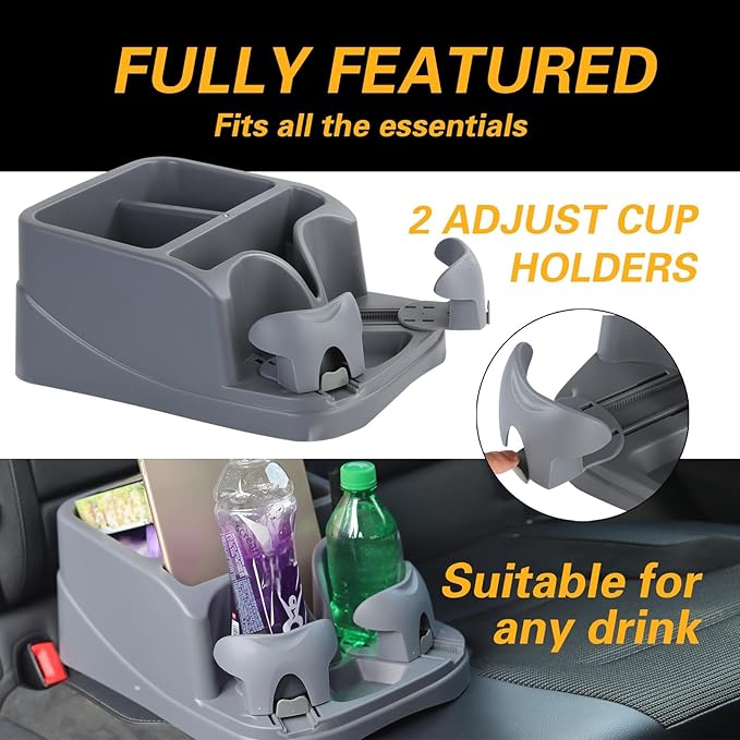 Big Plastic Console for Cars, Trucks, Minivans, SUVs with 2 Adjustable Drink Cup Holders pad Book Holder, Back Bench and Front Seat or Floor Middle Console Universal Vehicle Organizer Grey