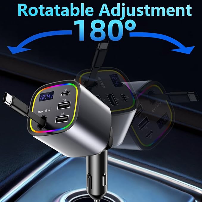 Car Charger USB C - Cigarette Lighter Adapter 78W Fast Retractable Car Charger for iPhone 17 16 pro max 15 14 13 12 Android, 4 in1 Phone Charger with C Cable & Lights for Cars, Car Accessories Gift