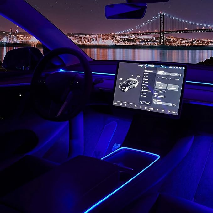 Nestour Interior Car Neon Lights Fit for Tesla Model 3 Y 2021 2022 2023 (Center Console+Dashboard+2 Foot Lights) with Armrest Organizer, Tesla Ambient Lighting, APP-Controlled RGB LED Strip Lights