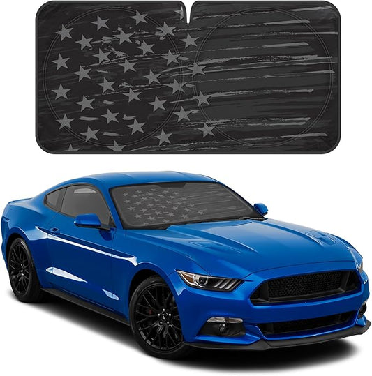 Motor Trend USA Vintage Flag Car Windshield Sun Shade for Front Window, Foldable Car Sun Shade with Patriotic Graphic, Collapsible Sun Visor Sunshade for Cars Windshield (Medium, 65 x 33 inches)