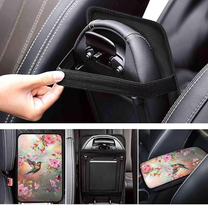Flower Hummingbird Car Center Console Cover Armrest Pad Cover Universal Car Arm Rest Seat Storage Box Mat Non Slip Interior Accessories