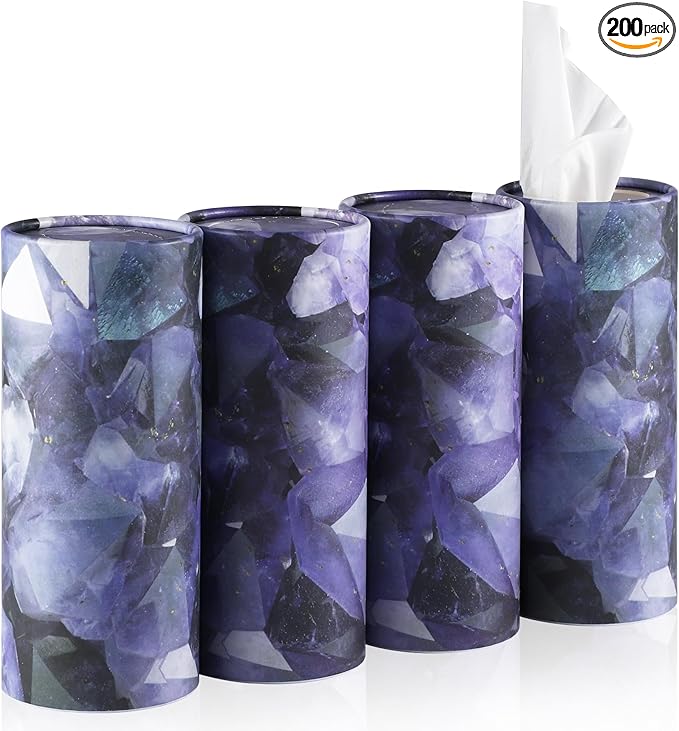 SINGARO Car Tissue Holder, 4 Pack Car Cup Holder Facial Tissues with Travel Tissue Bag, Quick and Convenient Flower Combination Box(4 Canisters/200 Tissues) Purple