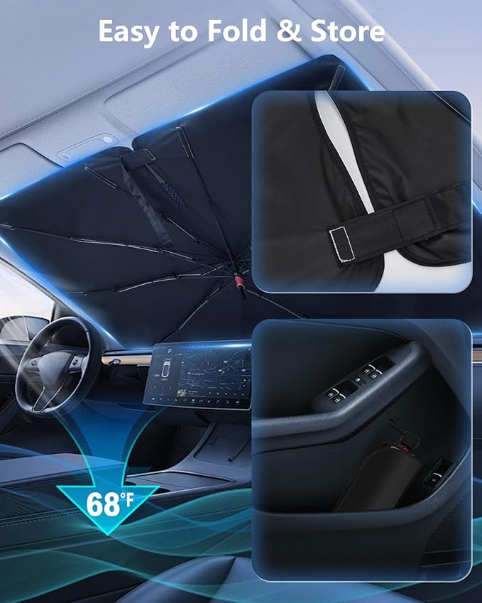 Foldable Windshield Sun Shade Umbrella Reflective Car Window Cover with Bendable Handle, Heat Blocker for SUV, Truck, Sedan Ideal Gifts for Men & Women