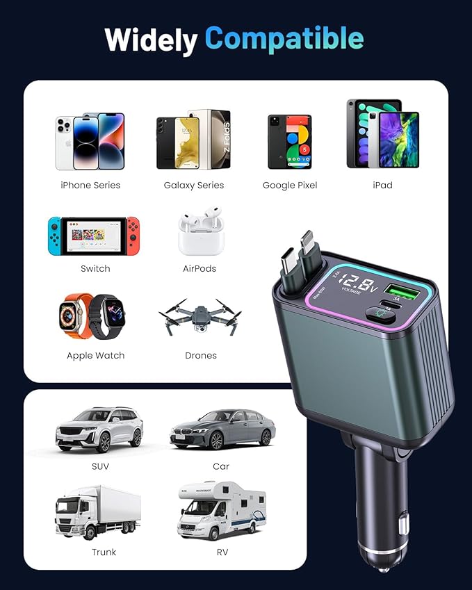 4 in 1 Retractable Car Charger with RGB Light, 92W Fast Charging USB C Car Adapter, Compact Car Phone Charger for iPhone/Galaxy/Pixel, Car Accessories for Women Men (Lightning + Type C Cable)