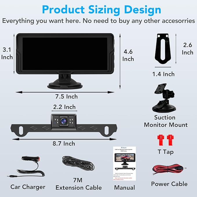 Backup Camera for Truck, 6.86" HD 1080P Rear View Monitor Kit, Wired Backup Camera System with Night Vision, 2 Channel, IP69K Waterproof, Optional Dual Bracket, Plug & Play for Car RV Trailer Tractor