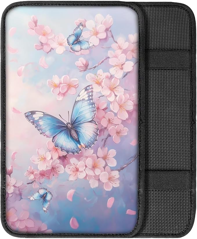 UNICEU Pink Flower Butterfly Car Center Console Armrest Cover for Women Cherry Blossom Auto Interior Decor Neoprene Armrest Box Protector Cover Pad, Scratch Proof Non Slip Automotive Armrest Pads