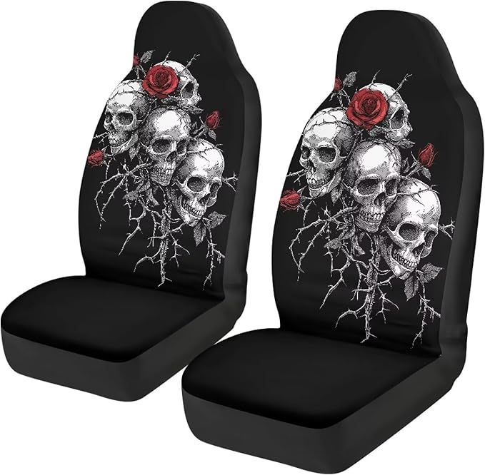 Halloween Skull Rose Car Seat Covers 2 Pcs Universal Front Car Seats Breathable Stretch Polyester Fabric Cover Easy Installation Suitable for Cars, SUV and Trucks