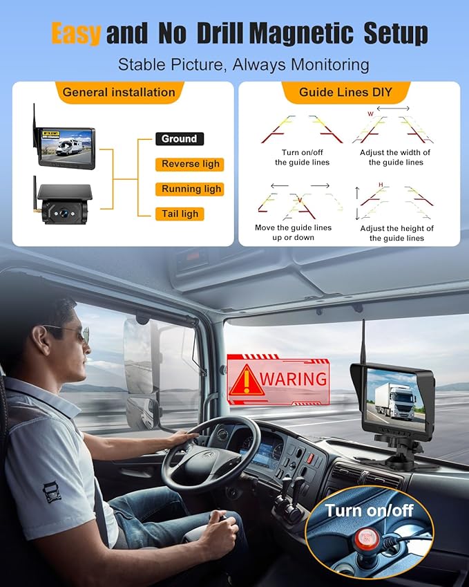 Magnetic Solar Wireless Backup Camera, 7" HD 1080P Monitor, Clear Night Vision 170°Wide Angle (No Distortion) DIY 1-Min Install, No Wiring, IP67 Waterproof for Truck, RV, Trailer, Car, F150 & F-Series