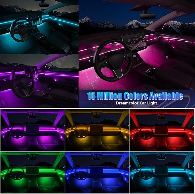 Acrylic Interior Car LED Strip Light with Wireless APP, RGB 14 in 1 with 175 inches 600 LEDs Fiber Optic Strip Lights for Car, Dynamic Chasing Sound Active Neon Car Ambient Lighting Kits