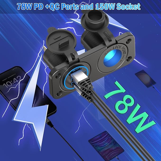 Upgraded 78W 3 Port 12V 24V USB Outlet Cigarette Lighter Socket Panel, Dual 30W PD and QC3.0 Multi Port Cylinder Charger with Button Switch and 150W Lighted Socket 2 in 1 DIY Kit for Car Boat RV, etc.