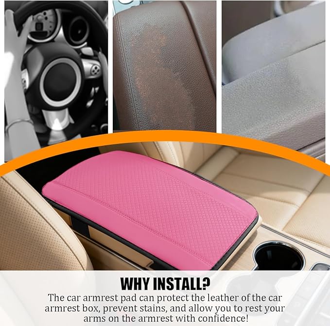 Car Center Console Cover, PU Leather Vehicle Armrest Seat Box Cover Protector, Comfortable Automotive Interior Arm Rest Cushion Pad Accessories, Universal for SUV Sedan Truck (Pink)