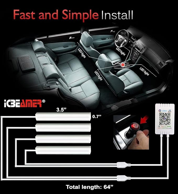 ICBEAMER RGB Interior Car Lights - Interior LED Strip Smart Phone Control APP Color Floor Matt Light w/Sound Active Function Atmosphere Under Dash/Seat Car Charger DC 12V Lighting Kit