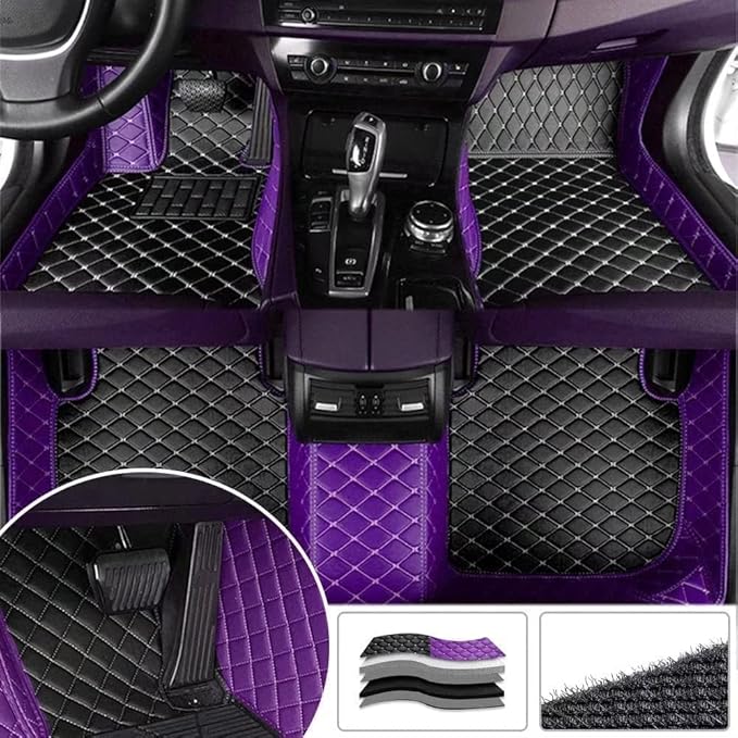 MELKEN Custom Fit Leather Car Floor Mats for 95% of Cars Full Coverage Floor Liners Car Mats (Black & Purple)