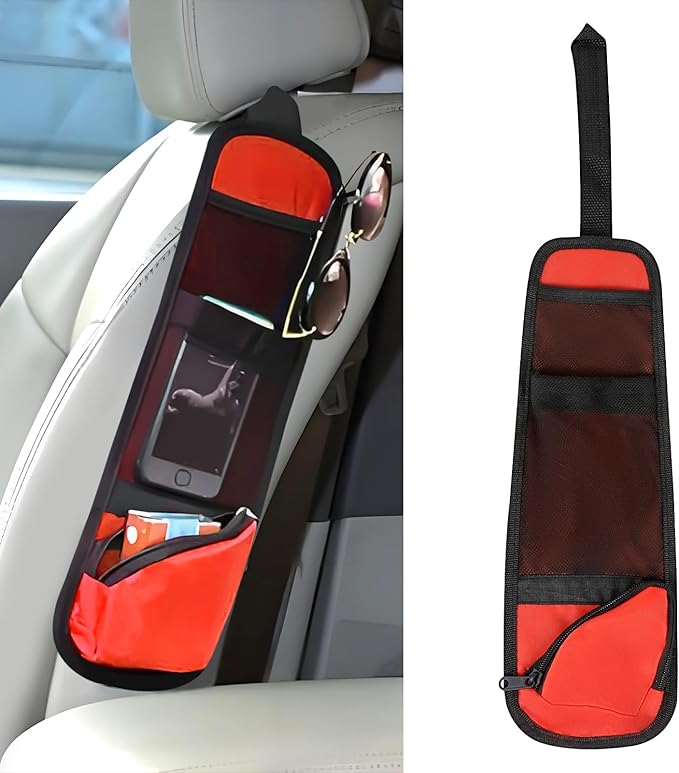 Hovom Car Seat Storage Hanging Bag, Multi-Pocket Car Seat Side Organizer, Multifunctional Mesh Pocket Auto Front Seat Organizer for Phone Wallet Glasses, Universal Car Accessories (Red, 1PCS)