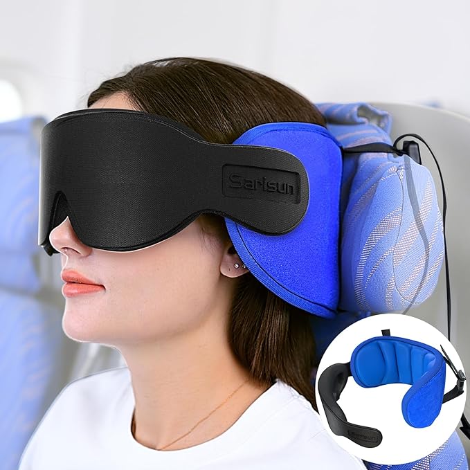 Travel Pillows for Airplanes, Airplane Pillow with 3D Eye Mask for Sleeping, 360° Support Headrest for Long Flight, Road Trip, Stop Bobblehead Travel Essential Airplane Sleep Head Strap, Blue