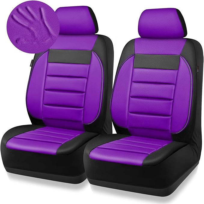 CAR PASS Leather Car Seat Covers Front Seats Only, Universal Fit 3D Foam Support Car Seat Covers for Trucks Vans SUVs Comfortable Automotive Interior Airbag Compatible 2 Pieces (Black Purple