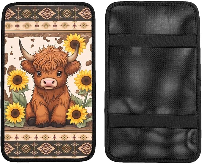 Universal Car Center Console Cushion Pad, Cute Highland Cow Sunflower Soft Waterproof Car Center Console Cover Auto Armrest Seat Box Cover Protector for Most Vehicle SUV Truck Car