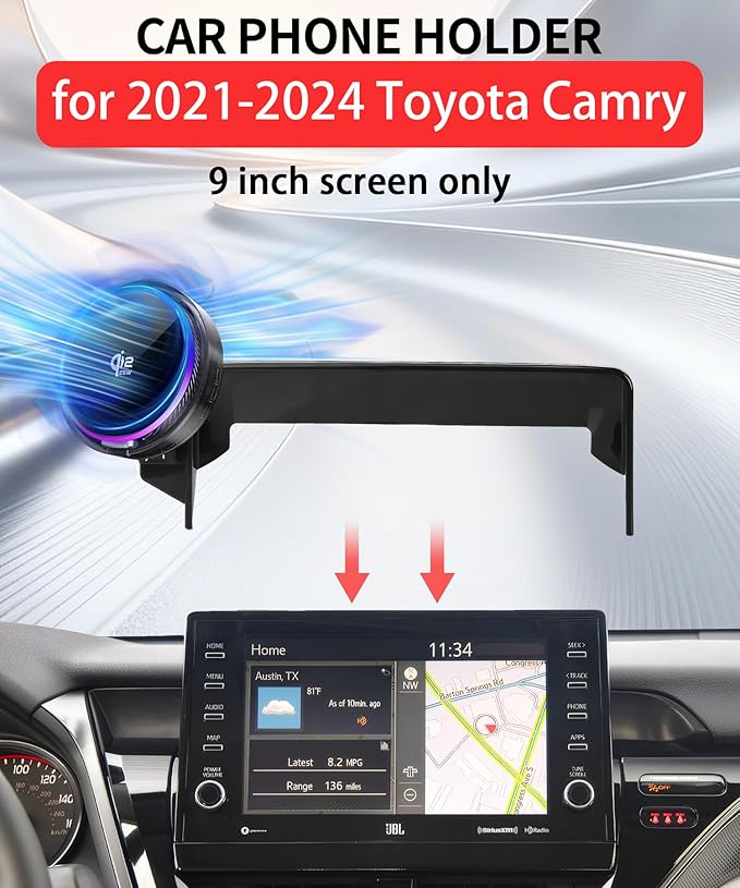 Qi2.2 25W Magnetic Car Mount Charger for Toyota Camry 2021 2022 2023 2024 Accessories, for Fast Charging Cell Phone Holder 9 Inch Screen Fixed Clip with Cooling Fan＆54W Fast Adapter