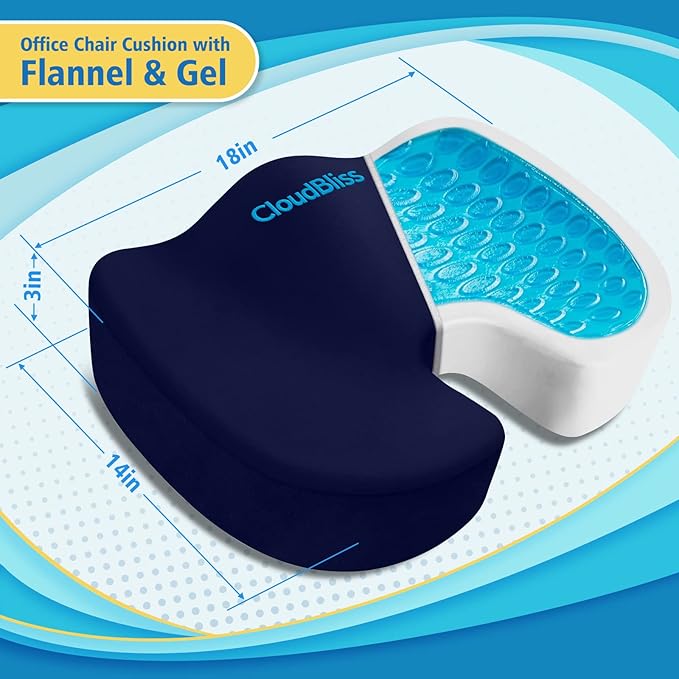 CloudBliss Gel Seat Cushion - Cooling Gel Enhanced, Memory Foam, Ergonomic Seat Cushion for Long Sitting for Office, Game, Car, Airplane (Large, Blue)