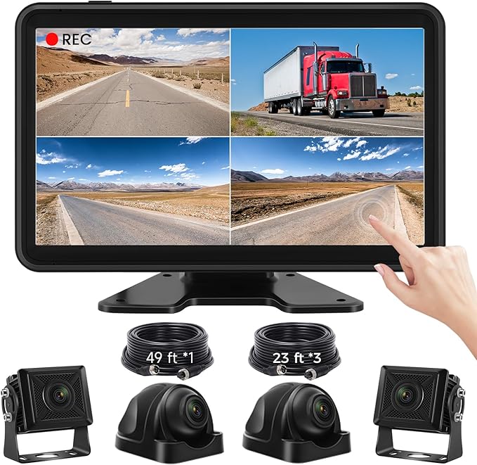 Wired Backup Camera System with 10.1" Touch Monitor, 4 HD 1080P Rear View& Side View Cameras, 4 Split Screen, Night Vision, IP68 Waterproof Back up Camera for Truck/RV/Trailer/Bus/Tractor..
