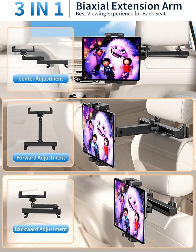 bokilino Tablet Holder for Car Headrest, [3 in 1 Adjustable Extension Arm] iPad Car Mount for Back Seat, Road Trip Essentials for Kids, for 4.7-12.9" Like iPad Pro, Air, Mini, Galaxy, Fire HD Tablet