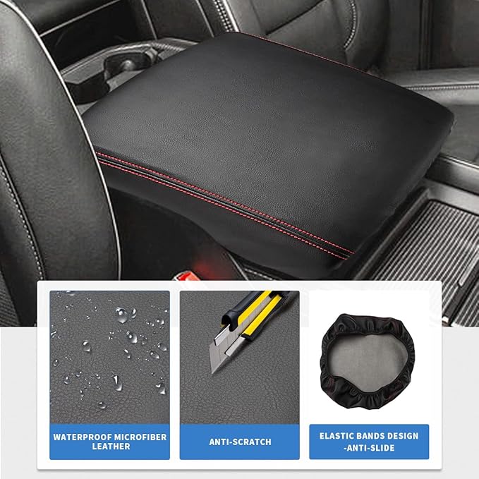 INTGET Car Center Console Armrest Cover for 2022 2023 Dodge Ram 1500 2500 3500 Accessories 2019 2020 2021 Arm Rest Box Lid Protector Pad Cushion Dog Seat Cover (Black with red Stitches)