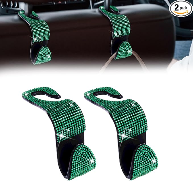 2 Pack Car Seat Headrest Hook, Bling Car Hooks Front Seat, Back Seat Organizer Hanger Storage Hook Car Purse Hook for Bags, Clothes, Coats, Grocery Bags (Green)