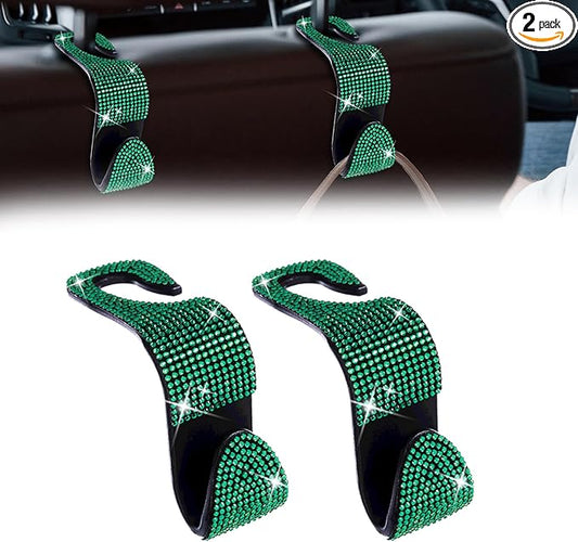 2 Pack Car Seat Headrest Hook, Bling Car Hooks Front Seat, Back Seat Organizer Hanger Storage Hook Car Purse Hook for Bags, Clothes, Coats, Grocery Bags (Green)