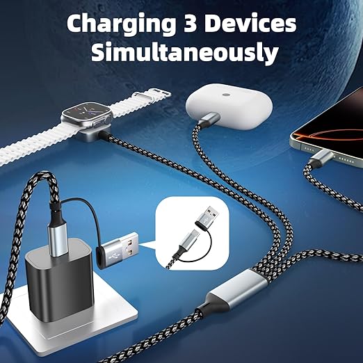 Travel 3 in 2 Charging Cable for iWatch Charger, Travel Essentials UB-A/USB-C Multi Charging Cable/Cord for All Devices Compatible for iWatch Ultra/SE/10-1, iPhone16 15 14, Android-5FT