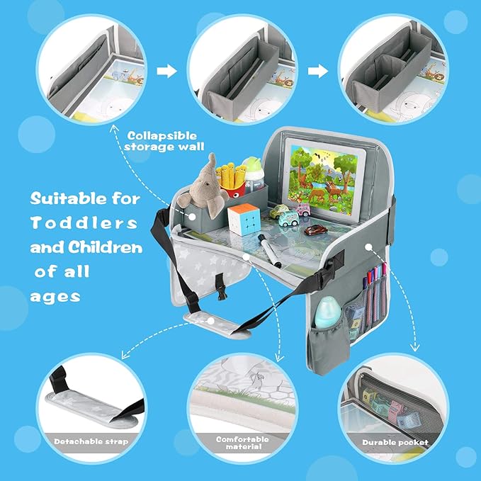 MENZOKE Kids Travel Tray for Toddler Car Seat, Toddler Gift for Boy Activities with Dry Erase Board & iPad Holder Stand, Road Trip Essentials Accessories Lap Tray for Boy as Birthday Gift, Grey