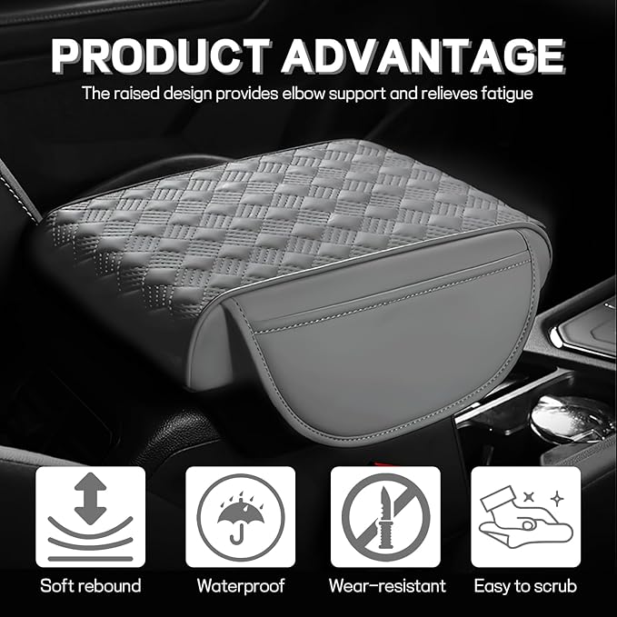 Car Armrest Cushion, 12.2"×8.3" Leather Auto Memory Foam Center Console Pad with Storage Pocket, Waterproof & Anti-Scratch Elbow Pillow Armrest Seat Box Protector, Universal Fit (Gray)
