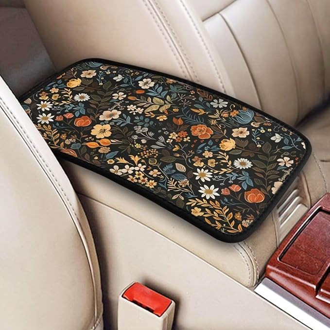 Universal Car Center Console Cover Vintage Floral Leaf Armrest Protector Floral Flower Cute Non-Slip Auto Arm Rest Cushion for SUV Truck Vehicle Vans Sedans