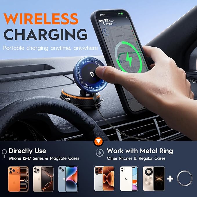 Magnetic Car Phone Holder for MagSafe, 15W Wireless Charging, 360° Adjustable Dashboard Mount, Compatible with iPhone 12-17 & Android（Orange