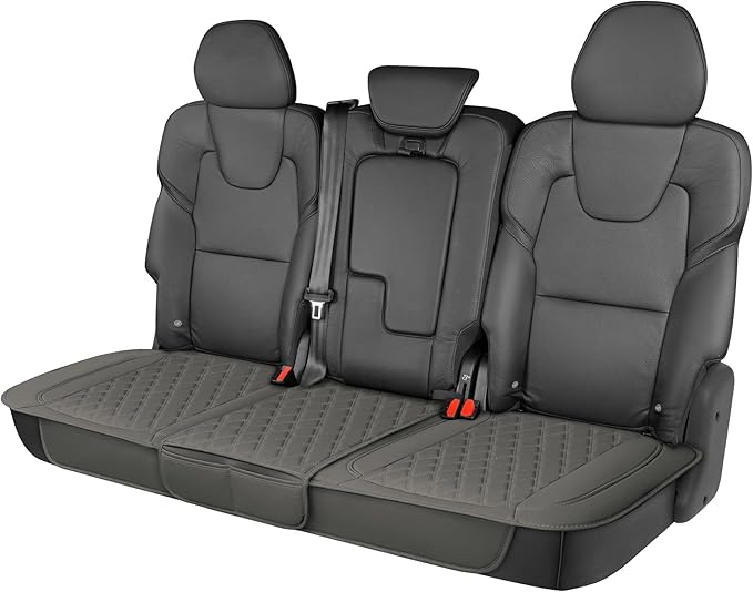 Motor Trend Rear Seat Cushion - Gray Diamond Stitched Faux Leather Rear Seat Cover for Cars, Trucks, SUVs - Padded, Waterproof, Non-Slip Back Seat Cover with Storage Pockets