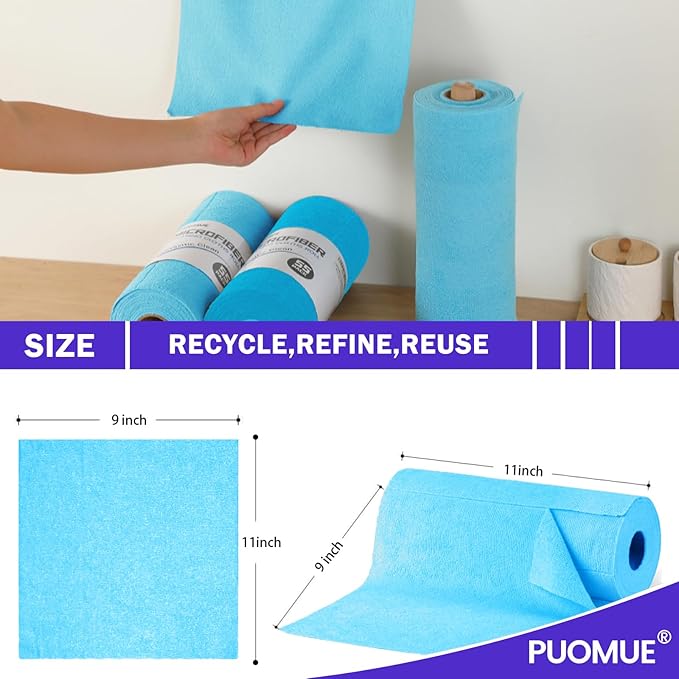 Puomue 55 Pack Microfiber Cleaning Cloth Roll, Tear Away Reusable Towels, 11" X 9", Ultra Absorbent & Lint Free Microfiber Cloth for Cleaning Cars, Kitchen, Window, Home and Shop, Blue