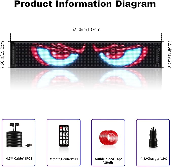 Devil Eyes Light for Trucks – 52.4''x7.5'' Large LED Eyes for Truck Windshield, Perfect Sync, Super Bright, Programmable LED, Remote+APP Control (1-Pack) for Standard Trucks/RVs/Campers
