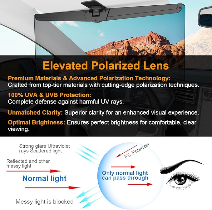 Veharvim Sun Visor Extender for Cars, Polarized Car Visor Extender Sun Blocker UV400, Adjustable Visor Extension, Clip on Sun Visor for Car, Universal, Glare, UV Protector (X-Large(1 Pack))