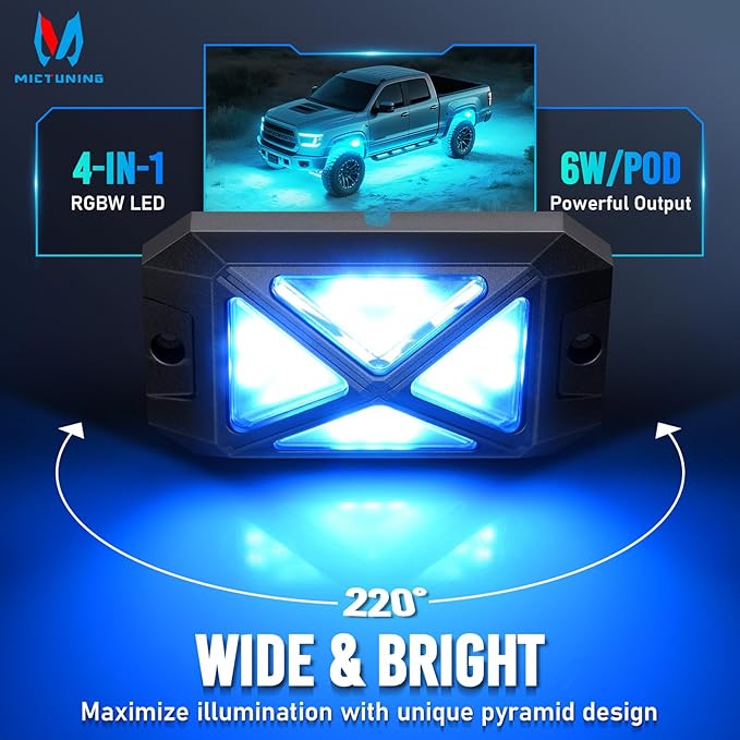 MICTUNING C4+ RGBW Rock Lights, 8 Pods 360° Ultra Bright Pure Color Underglow Neon Lights, Bluetooth APP Control & Music Mode, IP68 Waterproof, for Trucks Cars ATV UTV Golf Cart (2 Year Warranty)