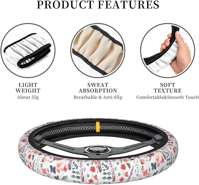 Nature Flowers Steering Wheel Cover for Women Elastic Rubber Steering Wheel Universal 15 Inch Fit for Cars, Auto, SUVs