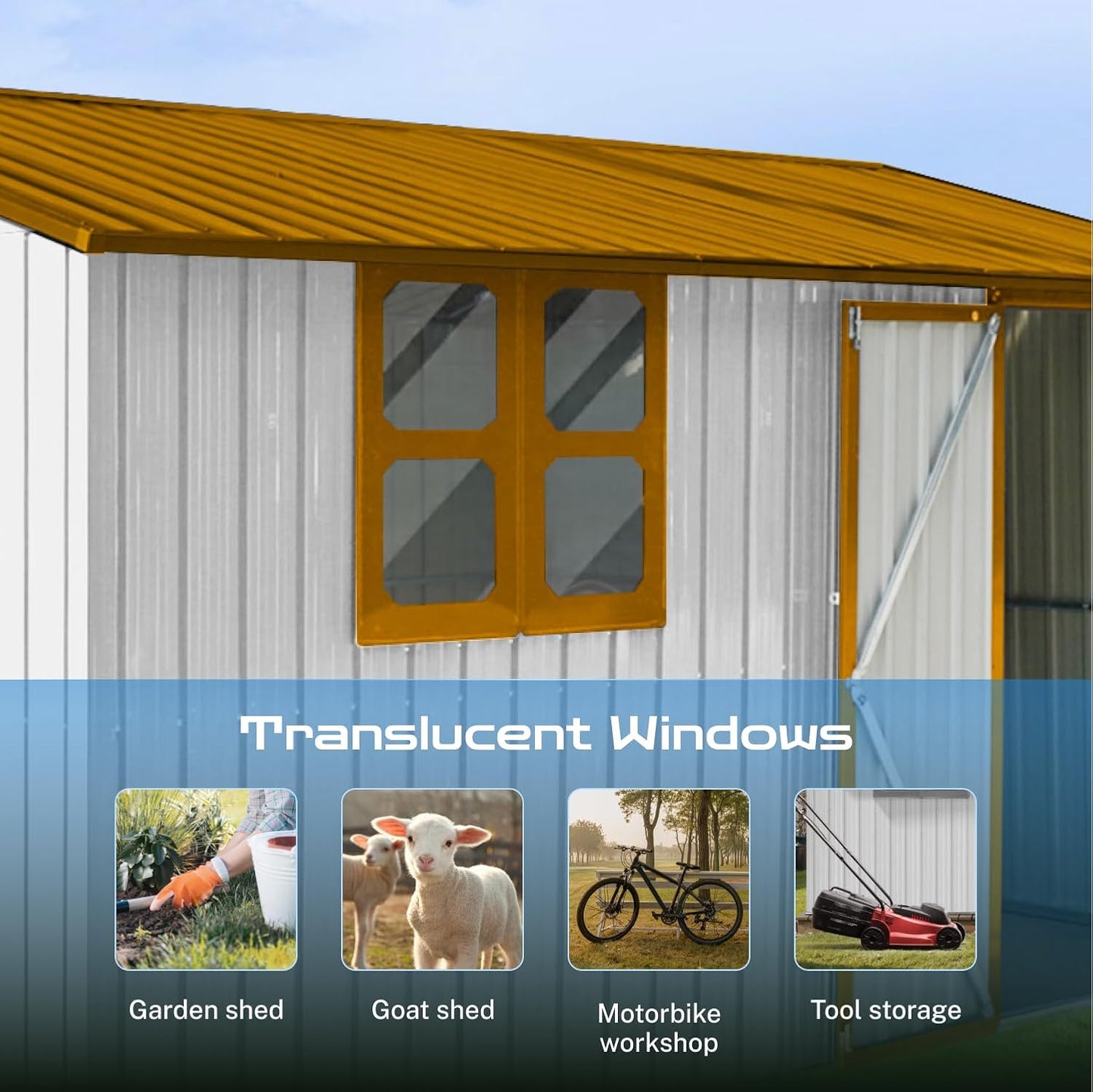12 x 10 FT Outdoor Storage Shed, Metal Garden Tool Shed with Slooping Roof, Lockable Doors and Aluminum Frames, Easy to Assemble for Garden, Patio, Lawn, White+Yellow