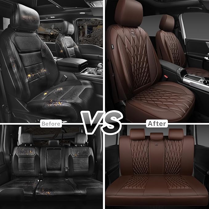 CAR PASS Piping Luxury Faux Leather Seat Covers Full Set, 5 Seats Anti-Slip Waterproof Seat Covers Compatible with Front Armrests, Universal Fit for Suvs,Vans,Trucks,Airbag Compatible, Pure Brown