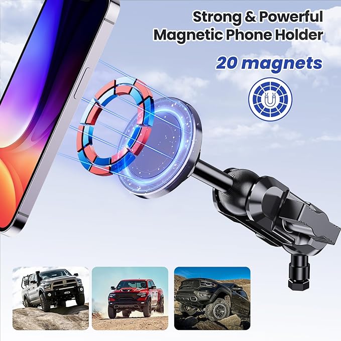 Stainless Steel Phone Mount for 2013-2018 Ram 1500/2500/3500 &2019+ Classic, Magnetic & Clamp Dual Heads, All-Metal Shakeproof OEM Screw Hole Dash Mount Install Super Stable