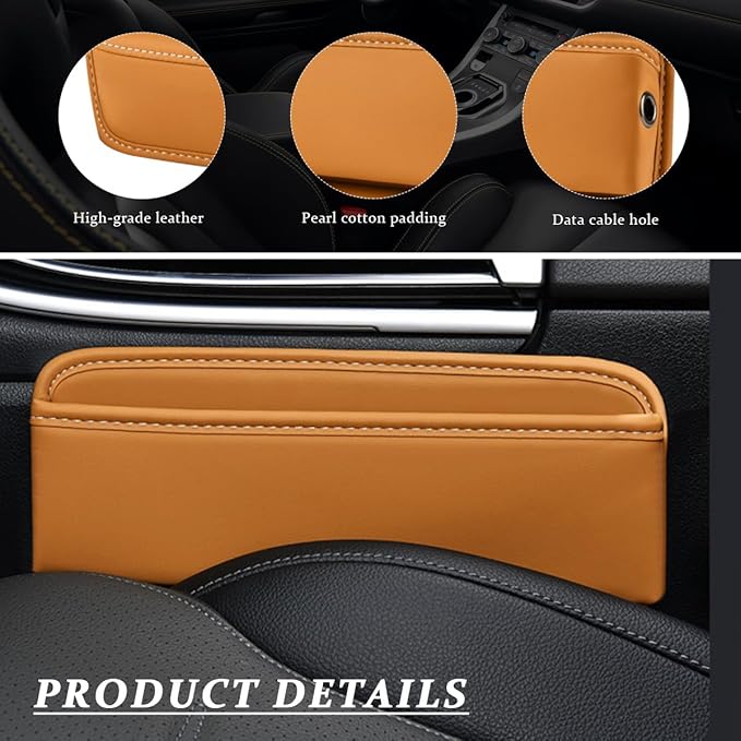 Kewucn Car Seat Gap Organizer, Adjustable Leather Front Seat Gap Filler Storage Box, Multifunctional Auto Console Side Pocket Organizer for Phone Glasses Key Card, Car Accessories (Khaki)