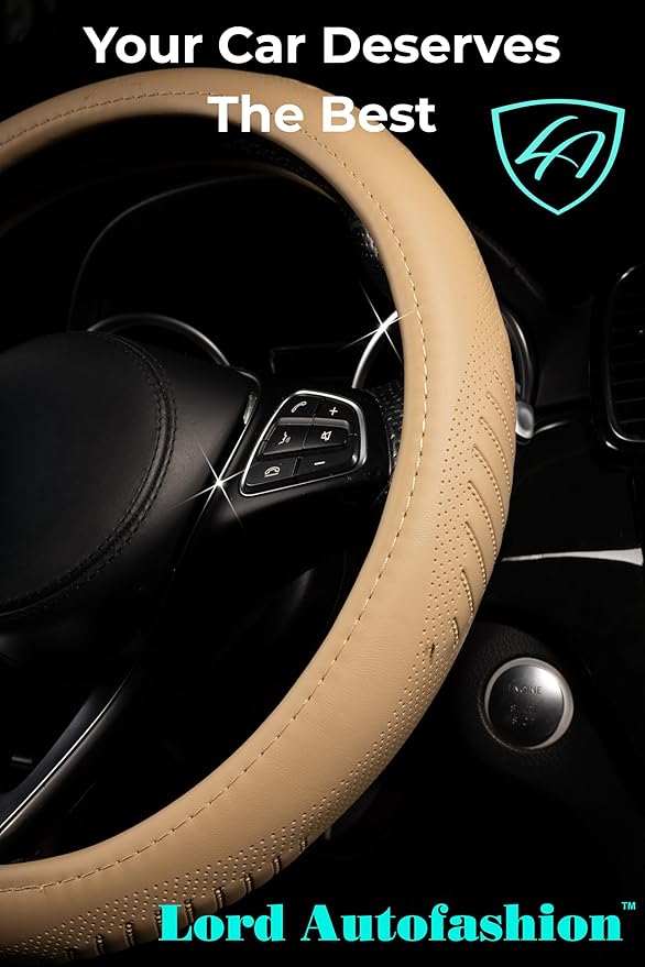 Lord Autofashion Steering Wheel Cover – PU Leather, Non-Slip Rubber Inner, All-Season Comfort – 14.5–15 Inch (Beige 9356)