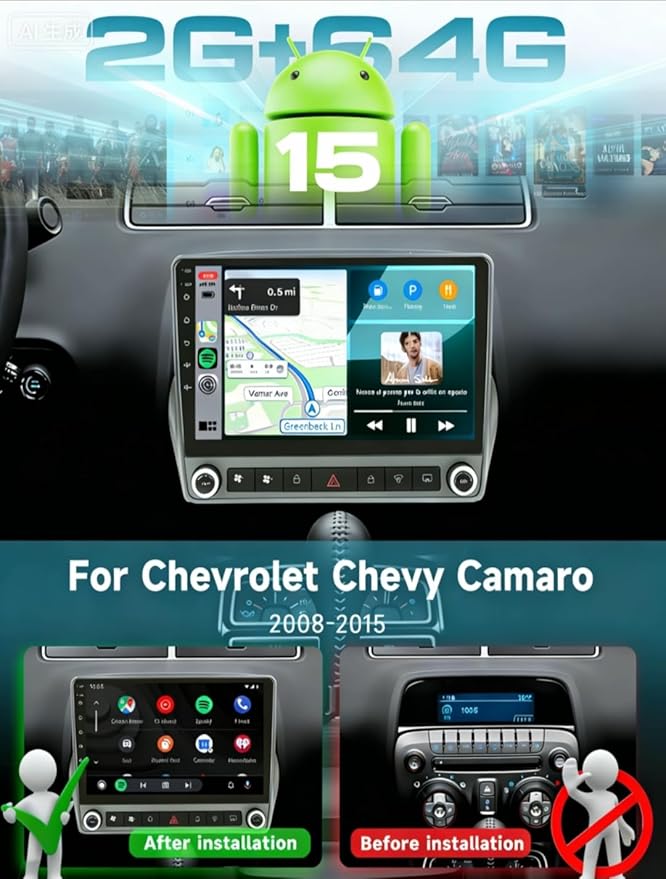 Car Radio Stereo for Chevrolet Chevy Camaro 2008–2015, 9″ Touchscreen Android Car Radio Support Upgrade for Camaro Radio, Wireless CarPlay & Android Auto, AM FM BT GPS DSP EQ,Backup Camera