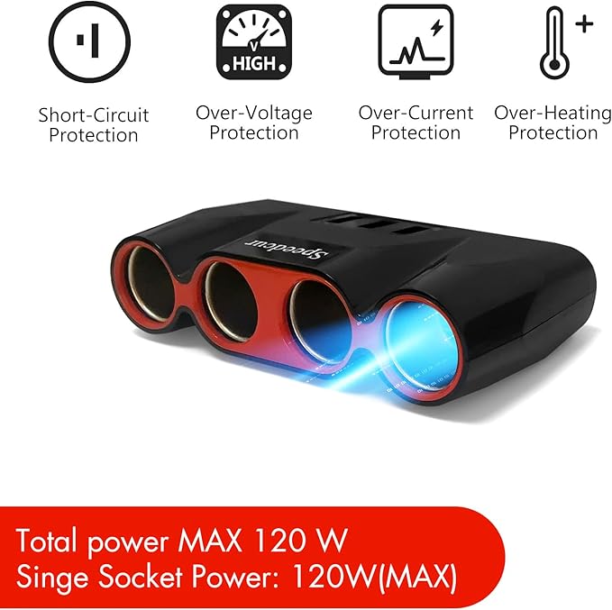 USB Car Charger Splitter Adapter, 120W 12V/24V 4-Socket Cigarette Lighter Adapter with 3pcs USB QC3.0 Car Charger Socket Quick Charge for GPS, Dash Cam, Sat Nav, Phone, iPad