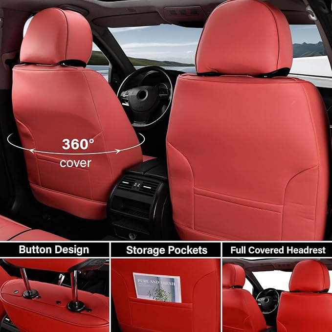 Coverado Car Seat Covers Full Set, Red Seat Covers for Cars, Waterproof Nappa Leather Automotive Seat Covers with Lumbar Head Pillow, Car Seat Protectors, Universal Fit for Most Cars SUV