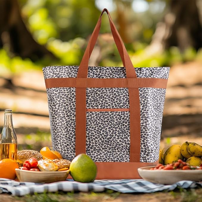 mosago Insulated Grocery Bag, Large Cow Print Reusable Cooler Bag with Zipper, Leakproof Thermal Tote for Food Delivery, Collapsible Shopping Bag for Picnic, Beach, Travel, Compatible with Delivery