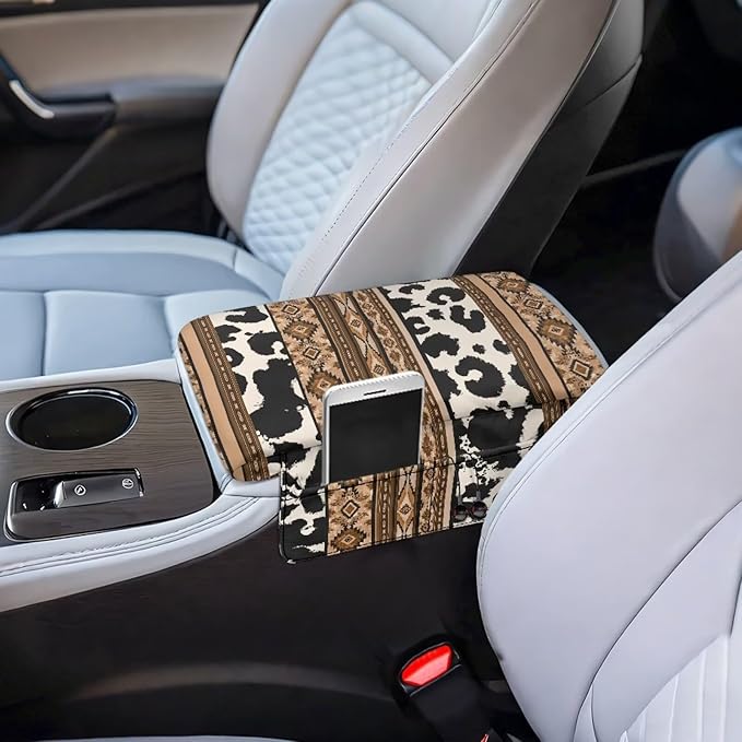 Tupalatus Aztec Car Armrest Cover Breathable Cow Print Armrest Cushion Cover Pad Waterproof for Car Center Console Replacement with Storage Bags Fit for Most Vehicle, SUV, Truck
