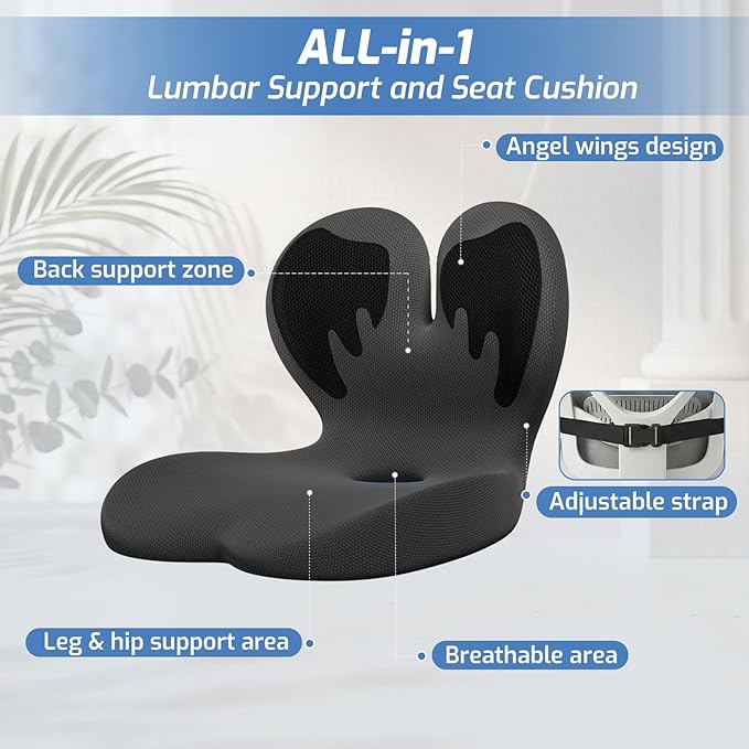 Memory Foam Seat Cushion,Orthopedic Ergonomic Seat Cushions for Tailbone,Sciatica, and Back Pressure Relief,L-Shaped Design & Adjustable Strap,Lumbar Support Pillow for Office,Car,Desk Chair